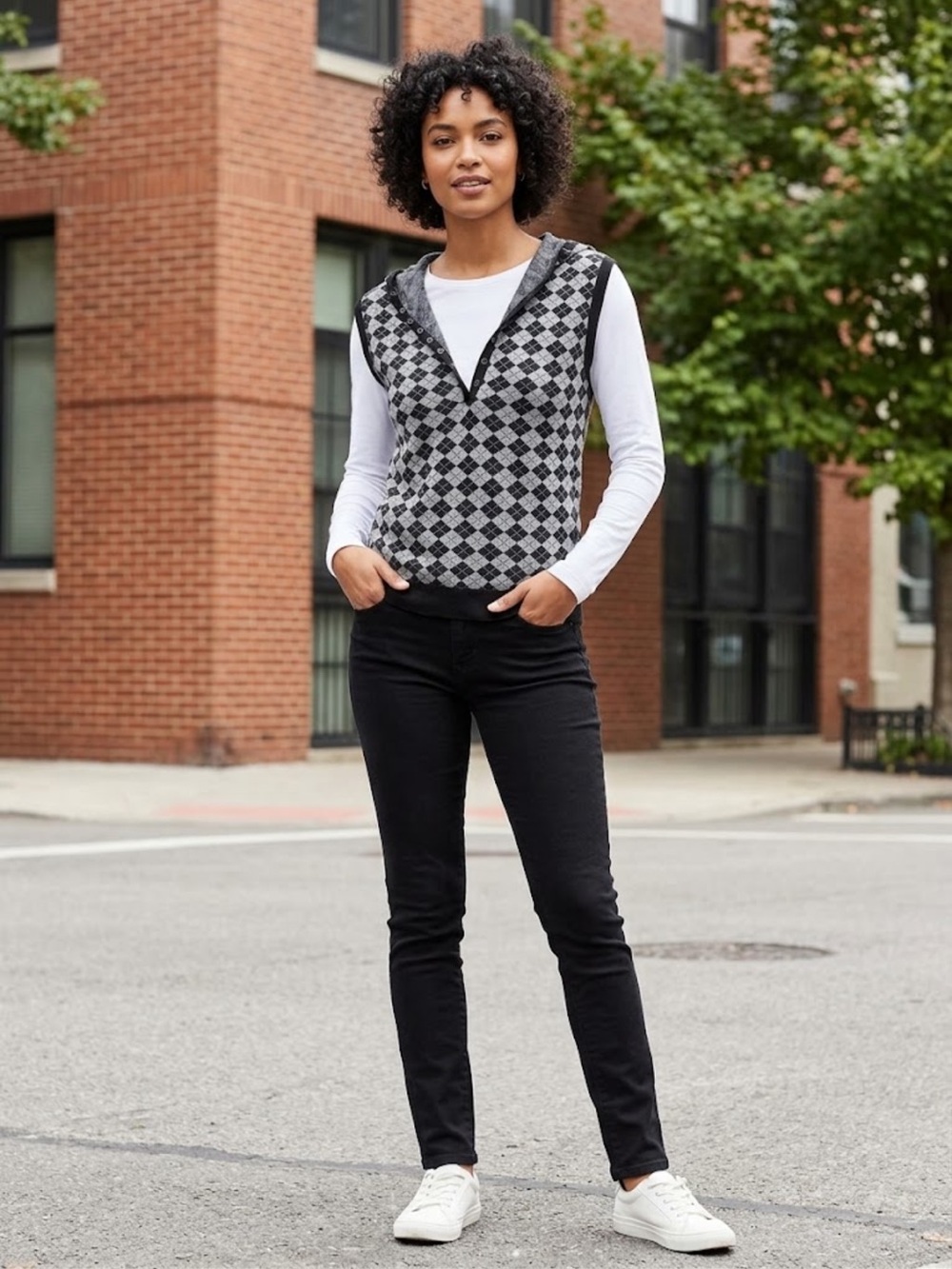AGNÈS B. Made in France Black & Grey Argyle Hooded Sweater Vest